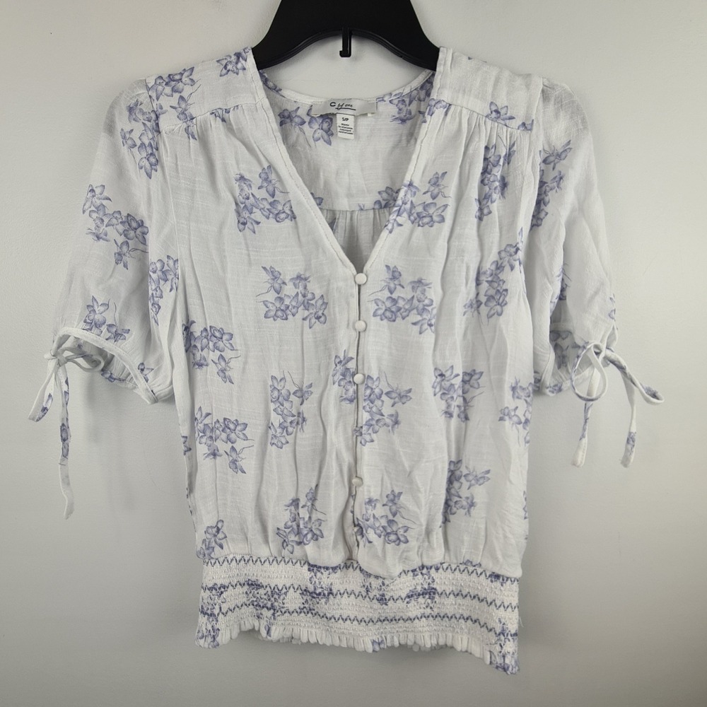 C by one Women White Blue Floral Smocked Waist Button Front Boho Blouse Small